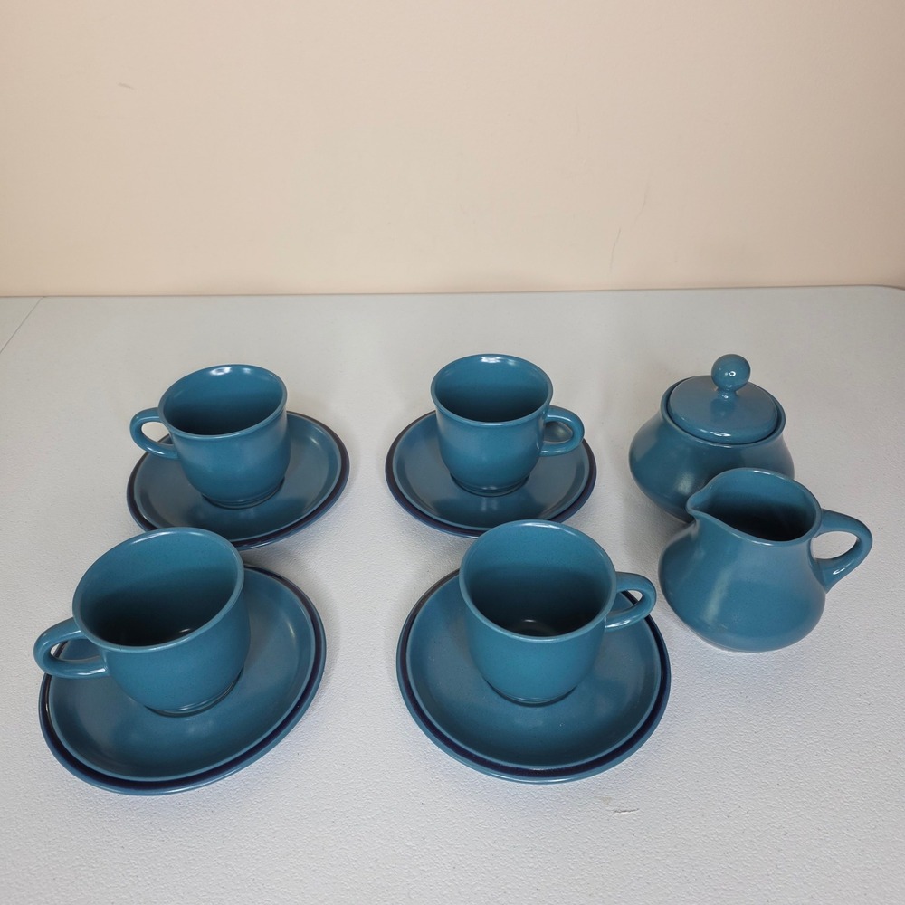 Noritake Folkstone Tea Coffee Set Blue Stoneware Cups Saucers Creamer Sugar